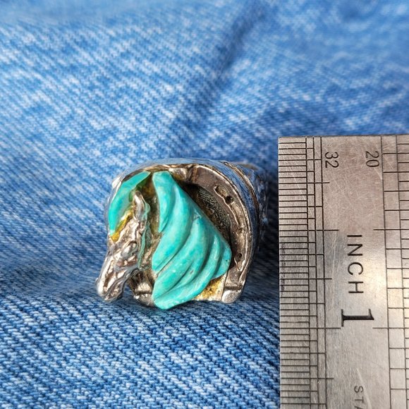 Large Carved Natural Turquoise Horse Head Sterling Silver Ring, Size: 10.5 - Picture 3 of 6